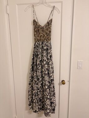 Free People Smocked Bodice Floral Maxi Dress in Black and Cream